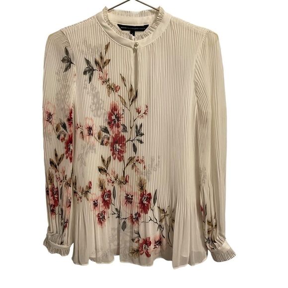 White House Black Market Floral Pleated High Collar Blouse Size 2 - Picture 1 of 8